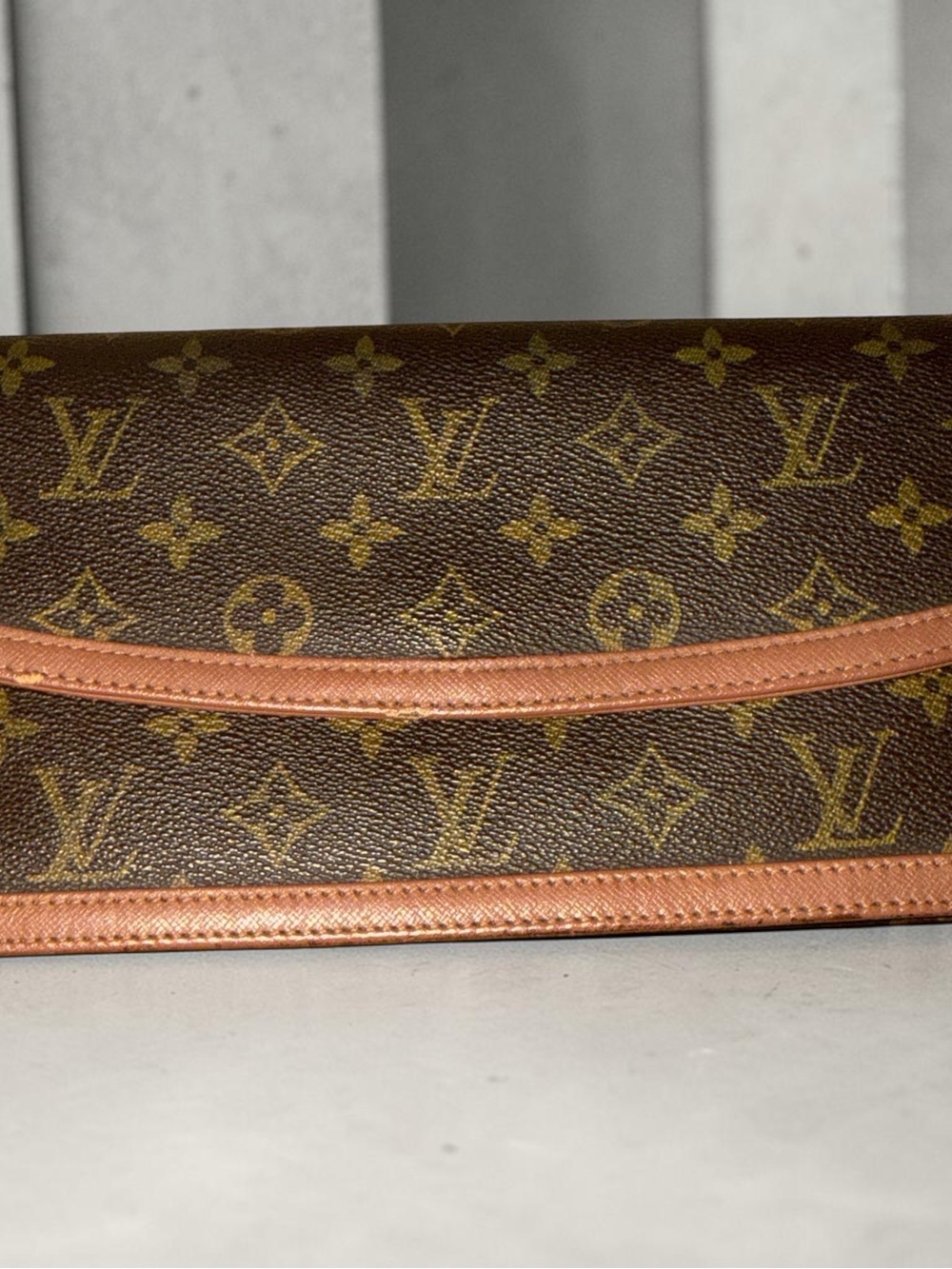 Louis Vuitton Monogram Clutch in Brown with Tan Trim